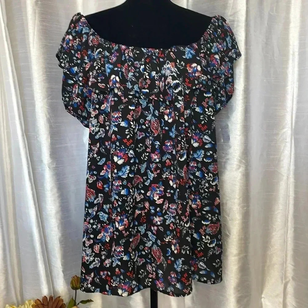 Eyeshadow Floral Red White Blue Ruffle Sleeve Off Shoulder Blouse Women's 3X